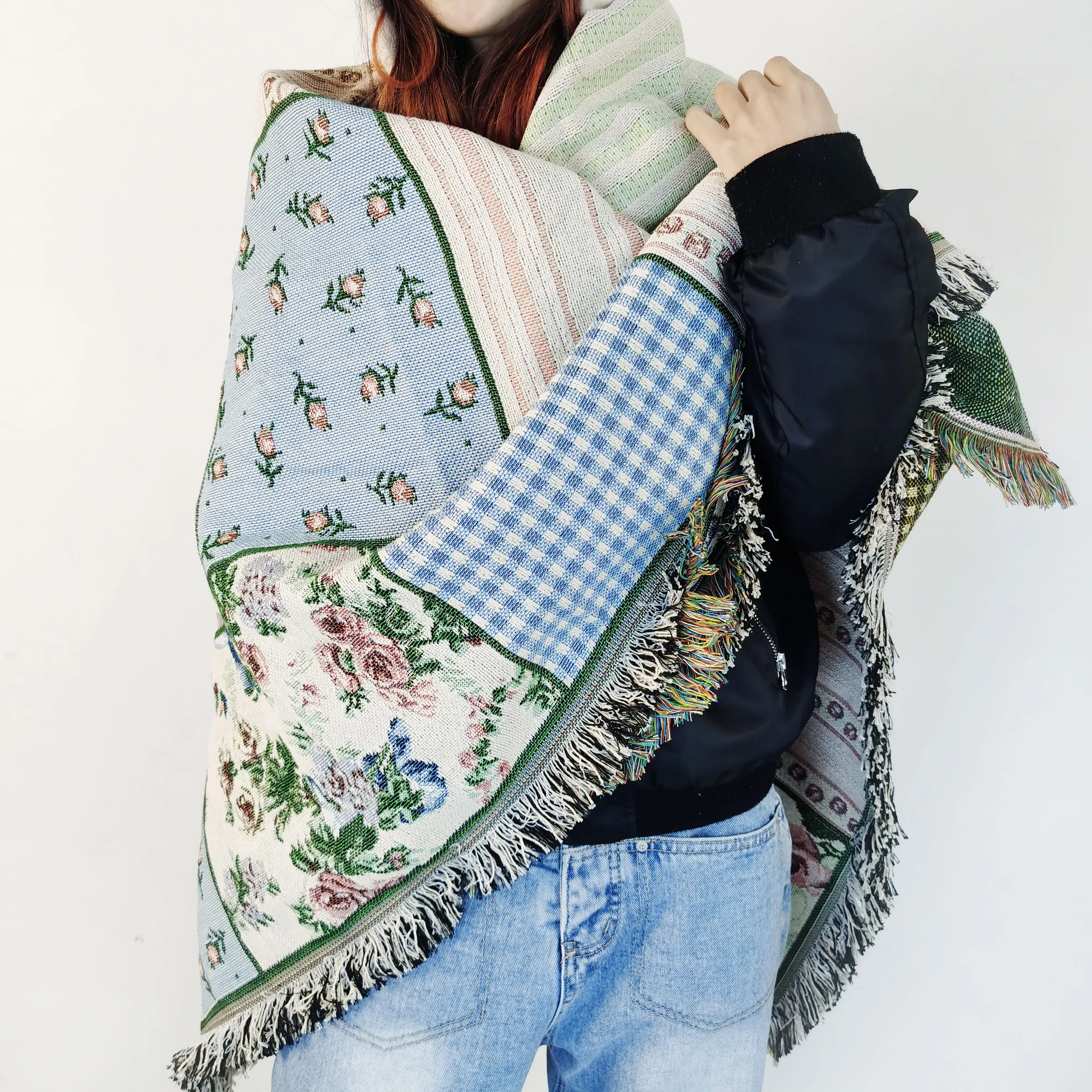 Rawhouse original design custom jacquard woven rugs with tassels tapestry throw blanket