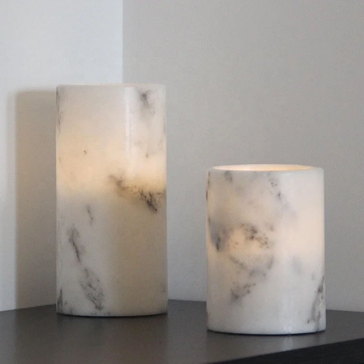 Christmas wax white electric battery operated pillar marble flameless LED candle for wedding decoration