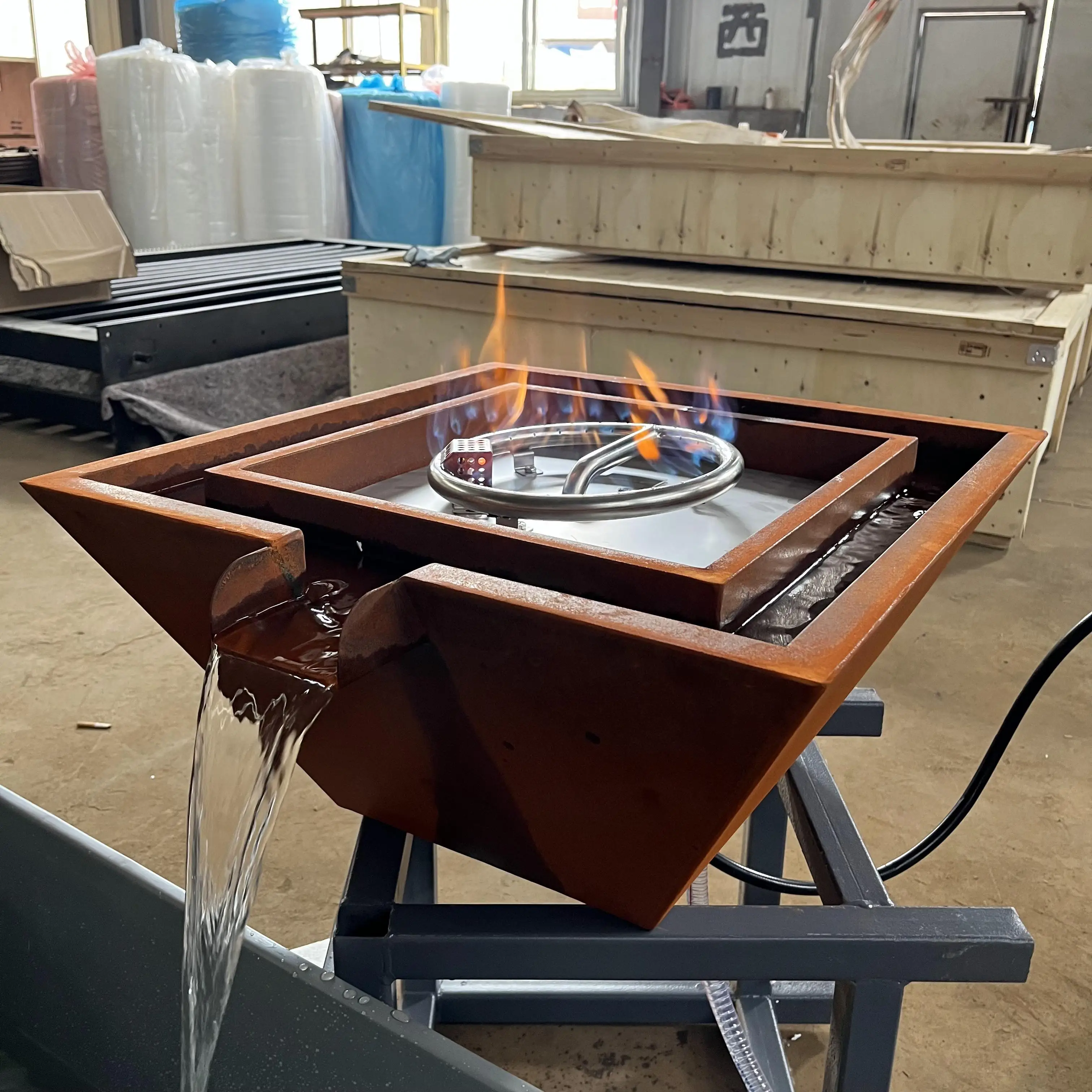 Custom Factory Metal Corten Steel Water Fountain fire  pit And Waterfall For Garden Decoration