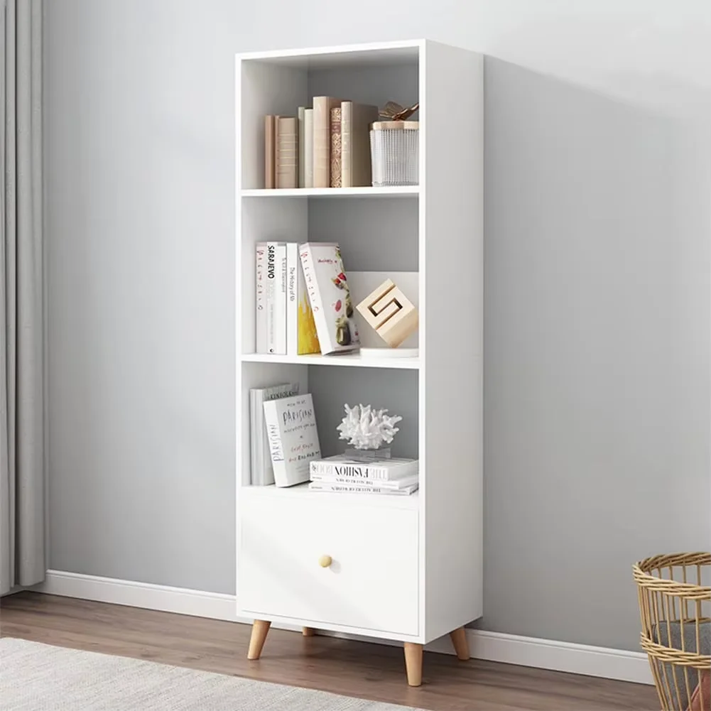 4-Tier Open Shelves Bookcase - 59 Inches Height Modern Floor Standing Cubes Wooden Mid Bookshelf with Storage Drawer and Legs