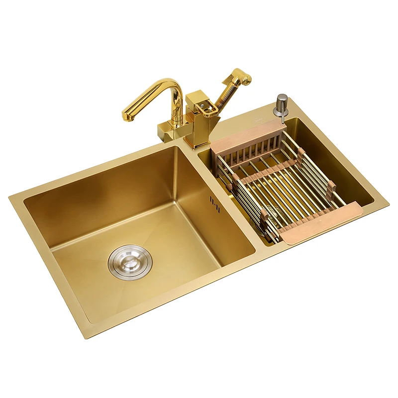 Best selling luxury style double bowl SUS304 handmade gold kitchen sink