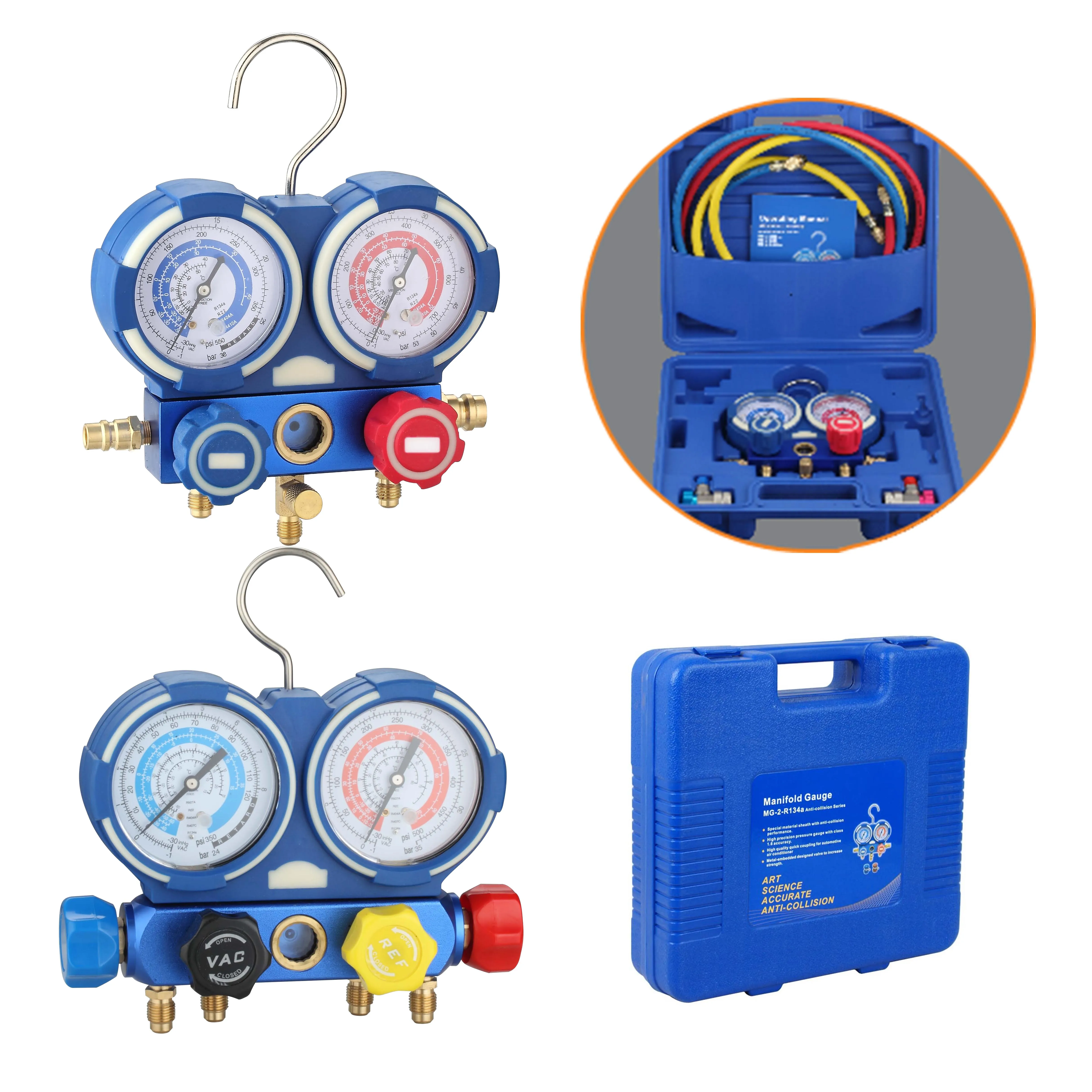 HVAC A/C Refrigeration Manifold Gauge Set Diagnostic R12 R22 R134a R410A with Hoses Adapter Adjustable Couplers