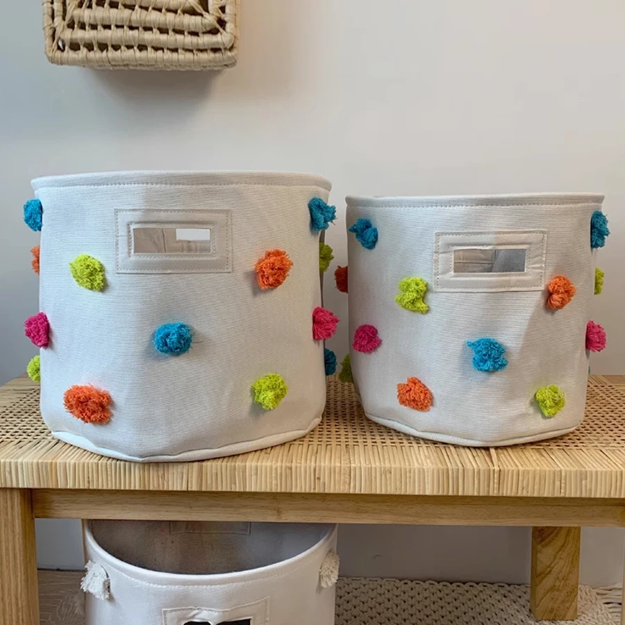 Cute Cotton Pompom Decor Children Toy Storage Bucket Knitted Laundry Basket Large Capacity Baby Toy Organizer