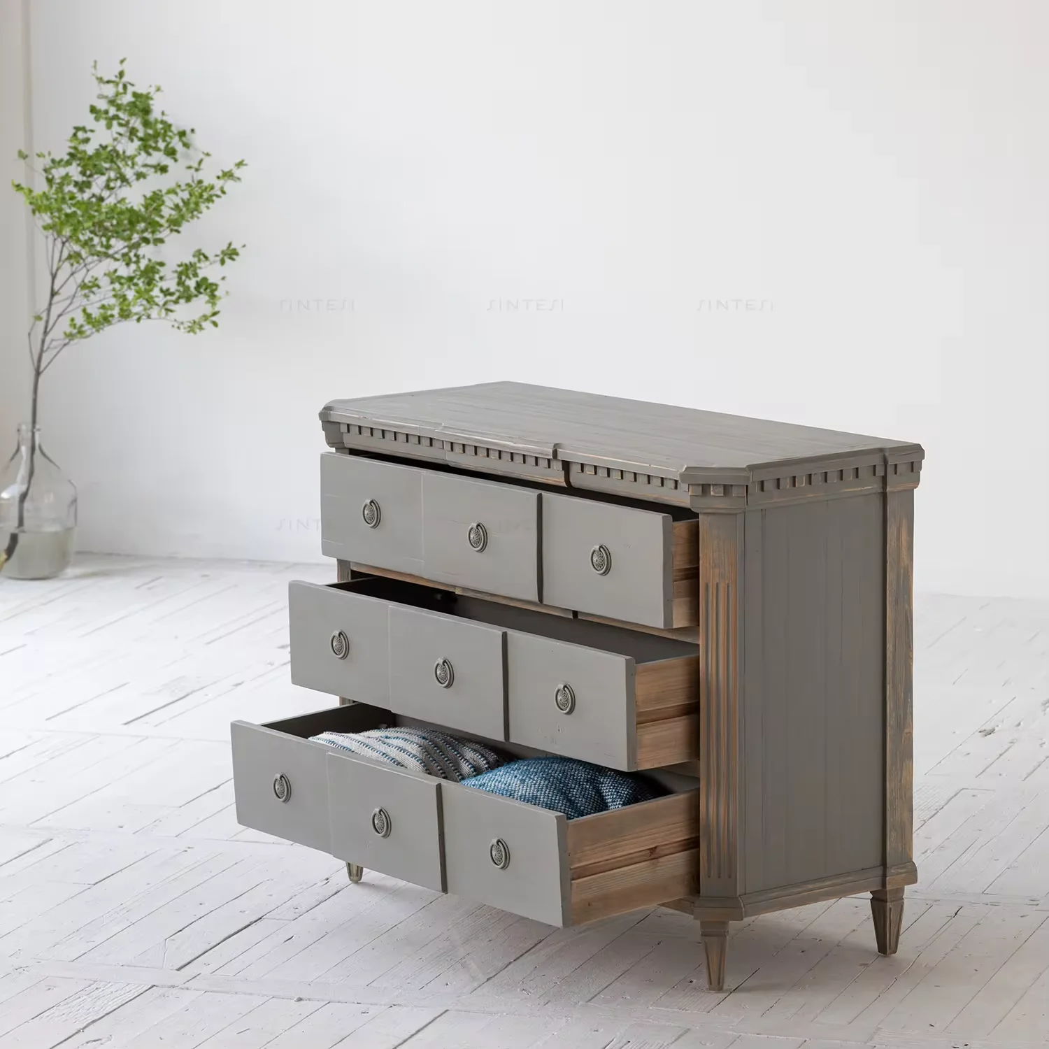 Vintage Solid Wood 6-Drawer Storage Cabinet Elegant Accent Living Room Furniture with Stylish Design for Dining Bedroom Hall