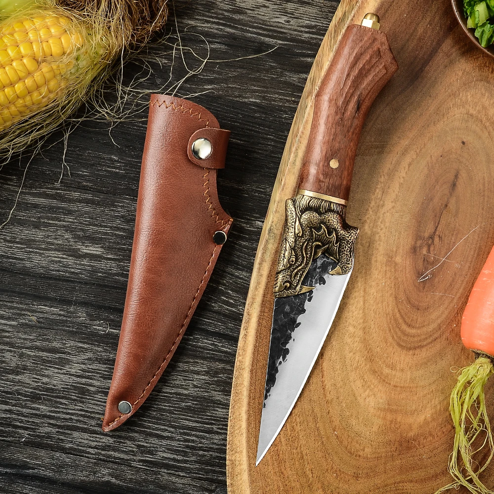 Xingye Belt Loop Leather Sheath 7cr17 Forge Carbon Steel Butcher Skinning Wood Handle Pocket Boning Viking Knife Hand Forged