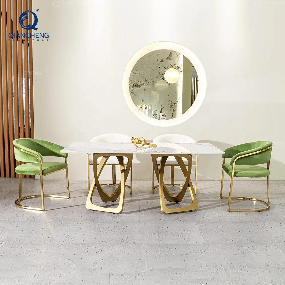 Power sellers chrome mirror luxury stainless steel marble dining set high end modern dinning room restaurant table