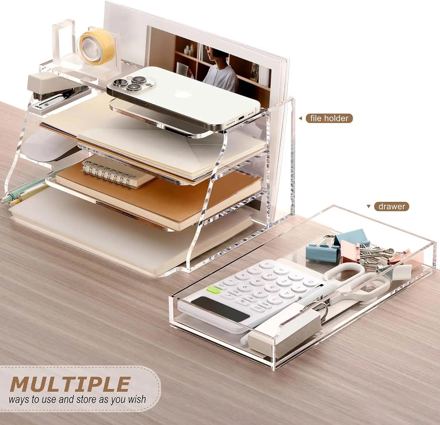 3 Compartments Mail Sorter Box Acrylic File Holder Desk Organizers with Sliding Drawer