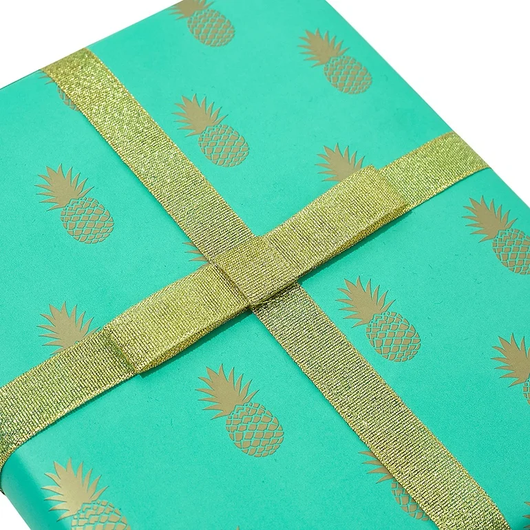
All Occasion Custom Printing Gold Foil Pineapple, Blue Wrapping Paper Roll for Gift Packaging 