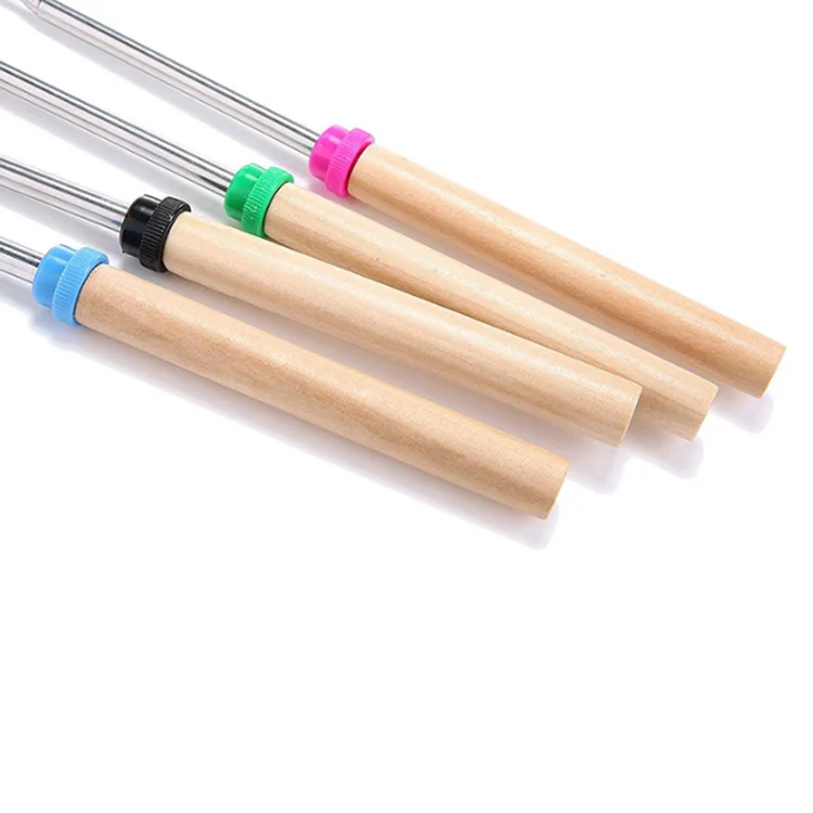 Amazon Hot Selling 8 Color Wood Handle  BBQ skewers Stainless Steel BBQ Stick Telescoping  Roasting Sticks