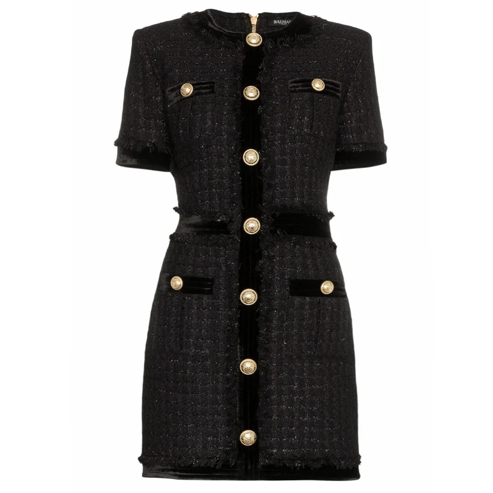 Luxurious Designing Elegant Lady Short Sleeve Buttons Bling Bling Black Thick Tweed Short Sheath Casual Women Dress