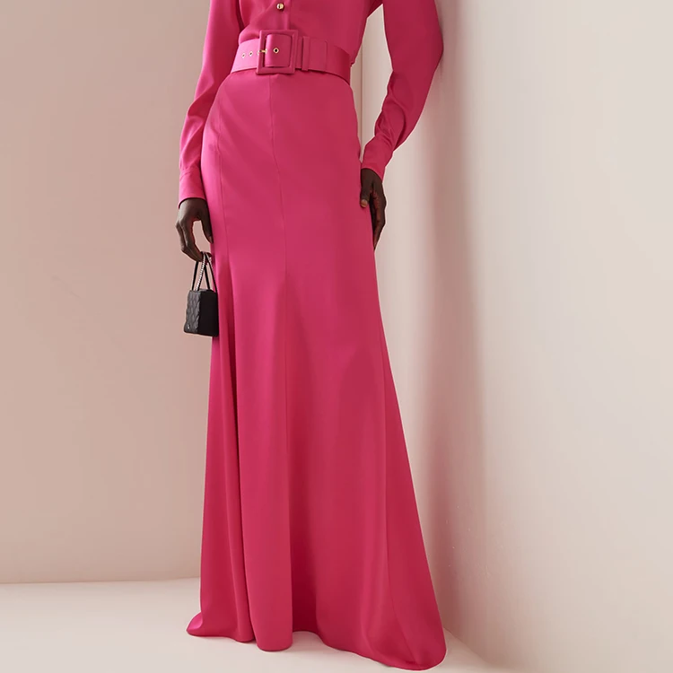 Custom Fashion Luxury  Hot Pink Lined Satin Floor Length Belted Fit and Flare Seamed Maxi Wholesale Elegant Lady Skirt