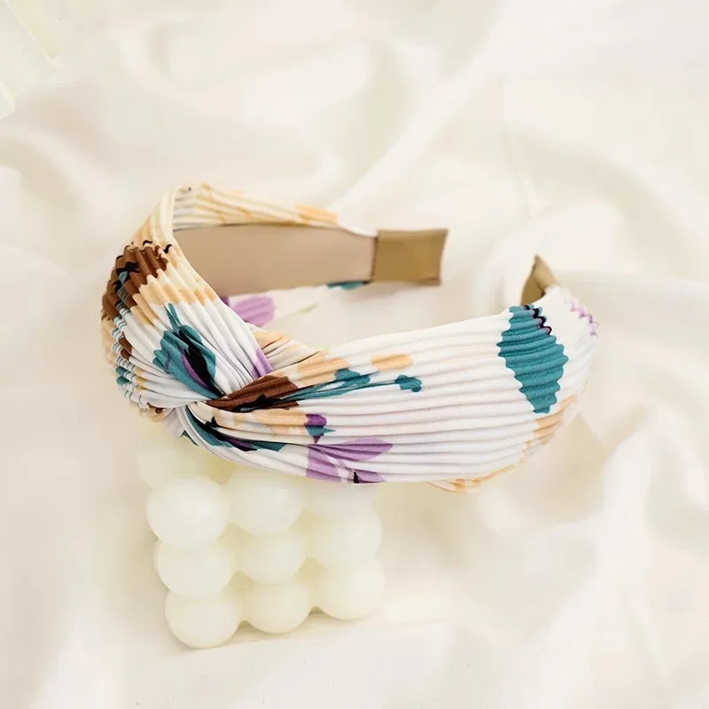 Korea Ethnic Style Hair Accessories Ladies Elegant Fashion Printed Pleated Cross Knot Handmade Headbands  For Girls & Women