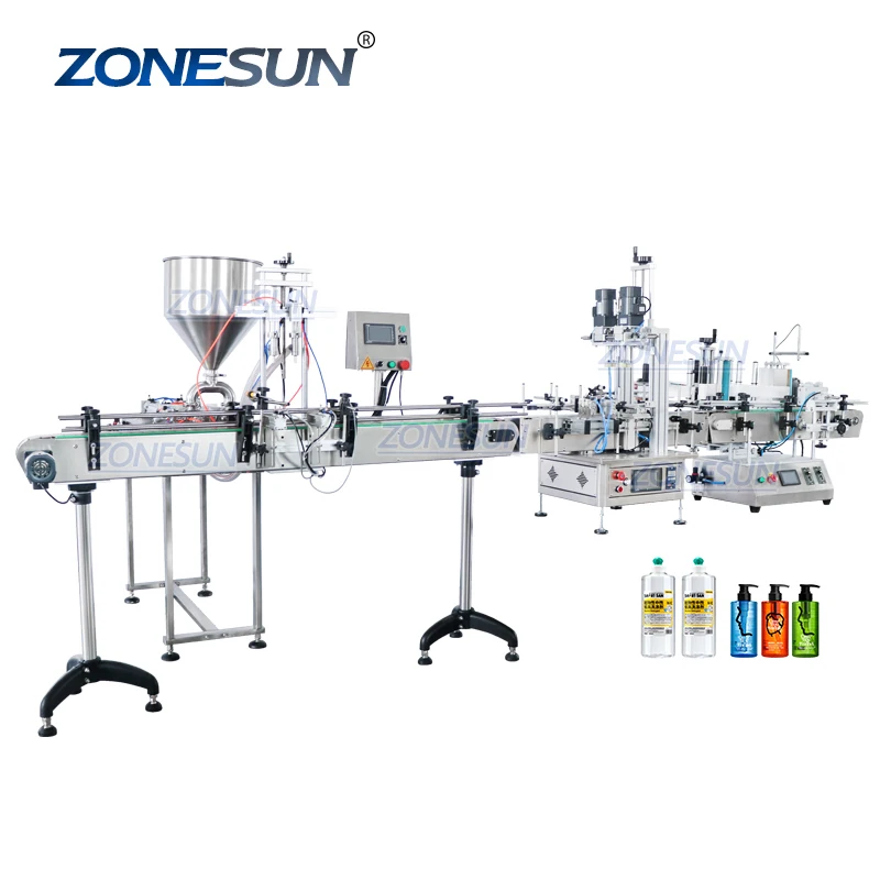ZONESUN Automatic Shampoo Lotion Jam Honey Ketchup Curry Paste Bottle Piston Filling Capping Labeling Machine Production Line