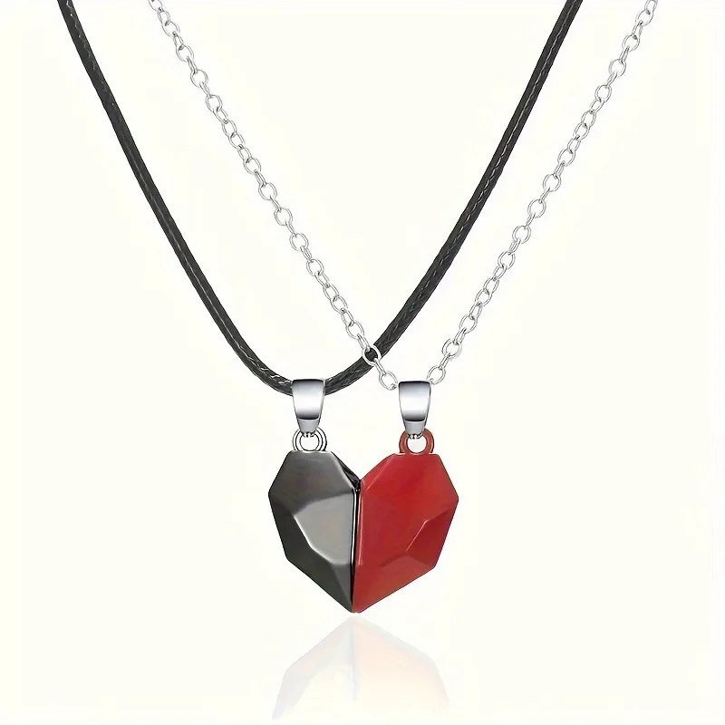 Gold Plated Magnet Couple Necklace with Wishing Stone & Heart Shape Heartbreak Stitching Clavicle Jewelry for Women and Men