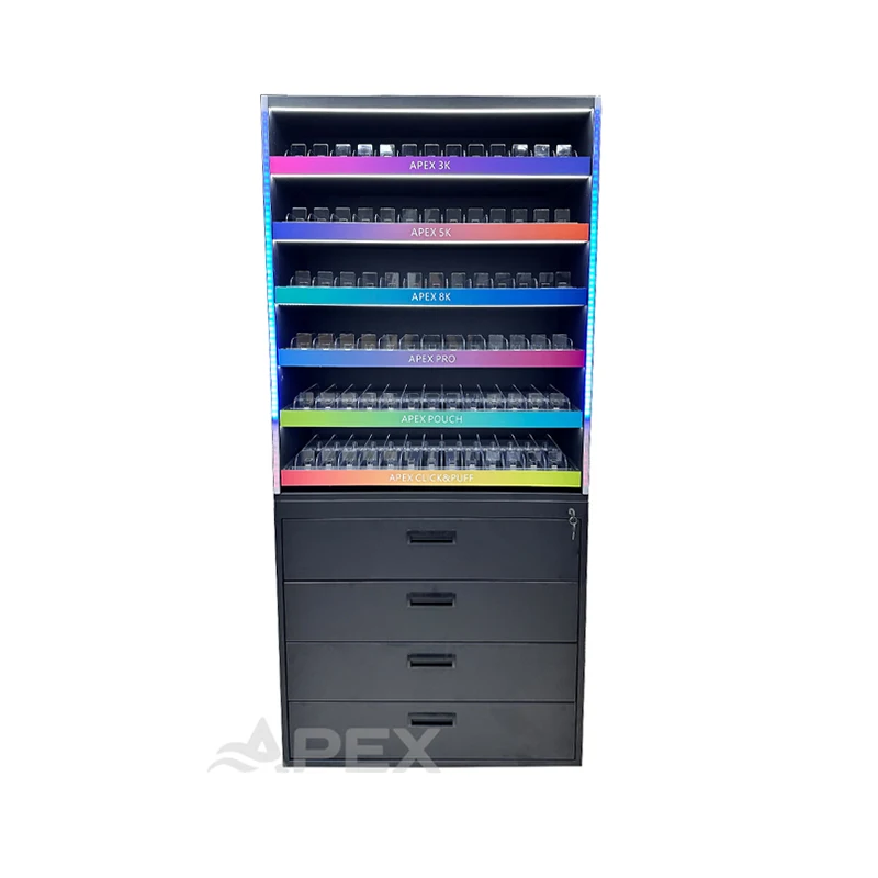 APEX Customized Metal RGB Led Light Smoke Shop Display Retail Store Floor Display Stand With Wheels