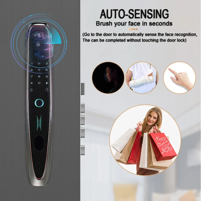 3D Face Recognition Lock Security Digital Smart Door Lock  With Tuya Smart Life Password Fingerprint Key Card Unlock
