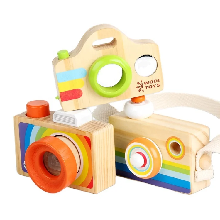 Custom wooden cartoon slr camera type kaleidoscope polyprism toys