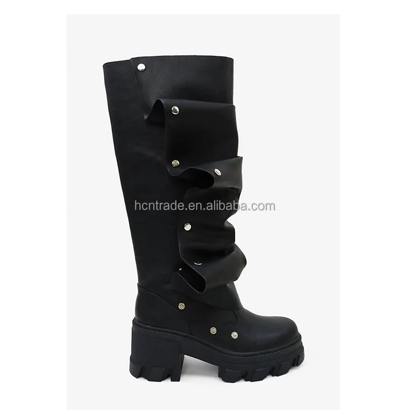 BUSY GIRL MY4685 Womens Removable Boots Red Brown Leather Block Heels Metal Rivets Loose Pleated Platform Women Knee High Boots