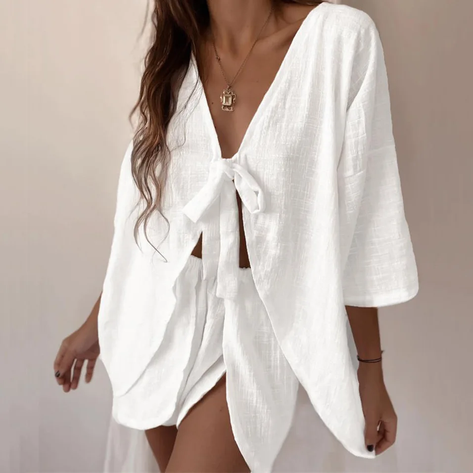 100% Cotton clothing manufacturer Wholesale casual Loungewear Sets Long sleeved shirt shorts 2 piece set women