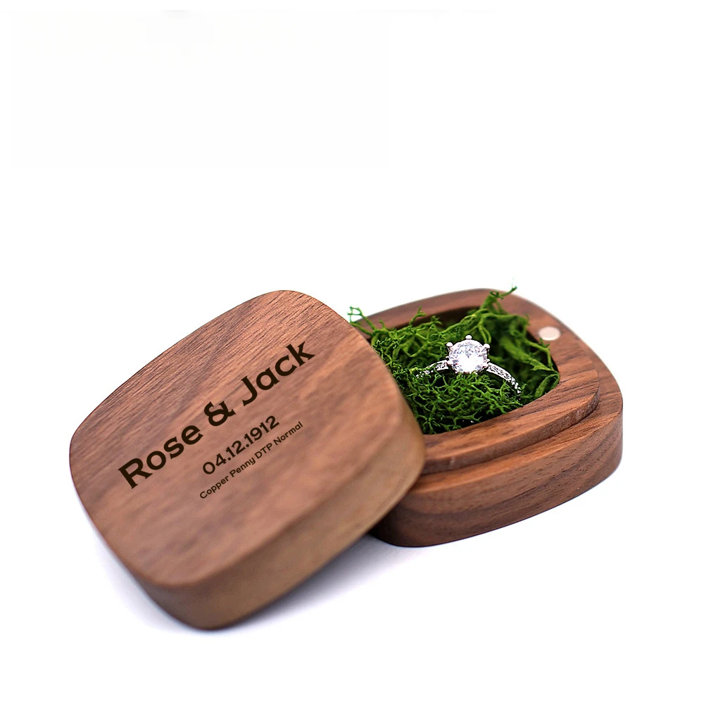 Square Shape Magnet Sealing Black Walnut Jewelry Packaging Box Wedding Ring Box With Custom Laser Logo