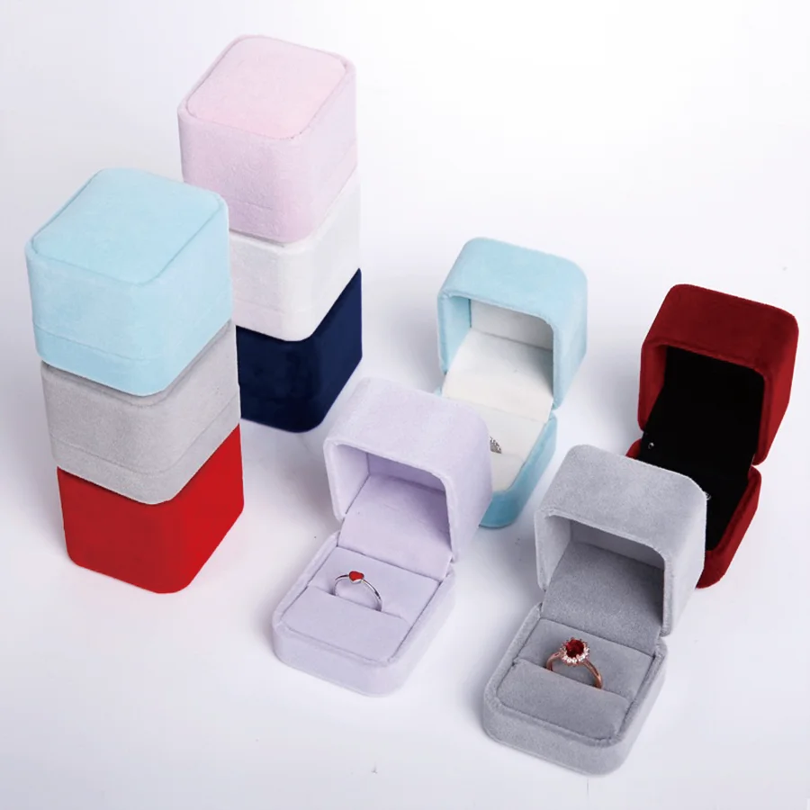 Luxury White Gray Velvet Custom LOGO Single Ring Boxes Jewellery Packaging