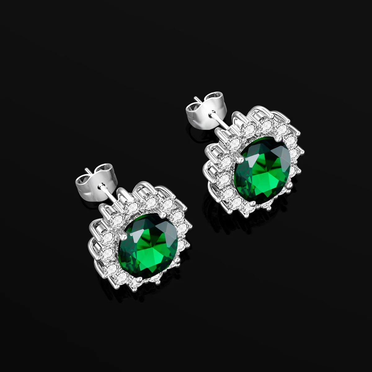 Classic Princess Diana Oval Cut Gemstone Halo Emerald 925 sterling silver studs earrings