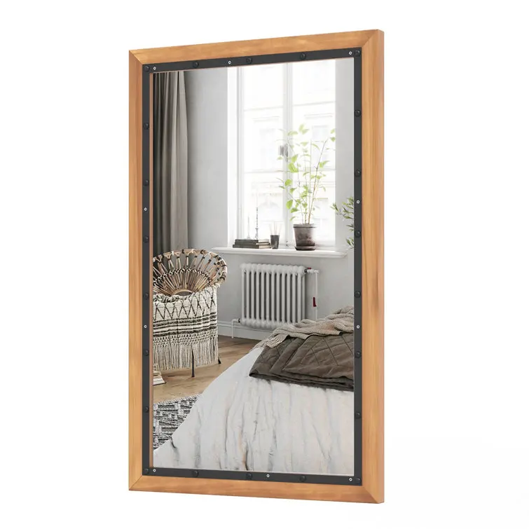 Hanging vatiny Wooden Brown Frame Rectangle Rustic Wood Wall Mirror for Living Room