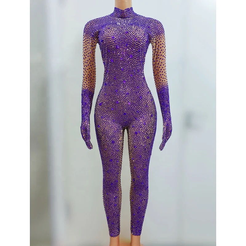 Sexy Long Sleeve Rhinestone Bodysuits Show Cosplay Costume Club Party Dancer Leotard Bodycon Romper Women One Piece Jumpsuits