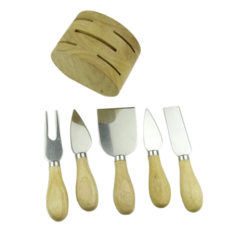 Rubber wooden handle stainless steel cheese knife set Cheese knife small wooden stand with cheese knife