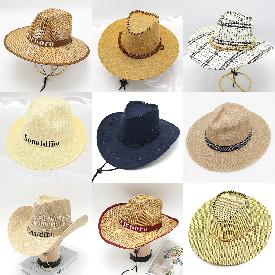 Man Yellow Brim Australian With Belt Wide Fishing Panama Round Sombrero Western Hat Wheat Straw Hat