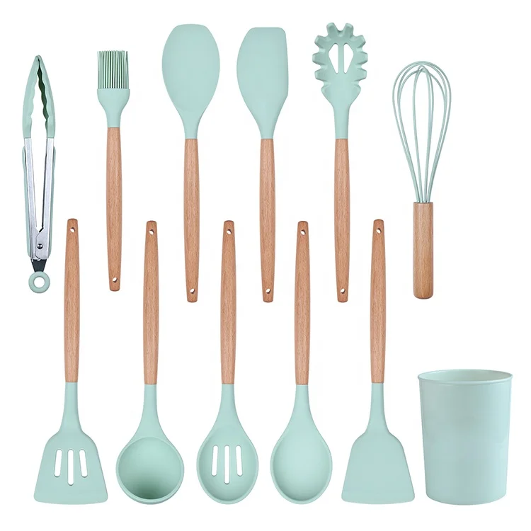 IN STOCK Silicone Wooden Kitchen Utensils Silicone Kitchen Utensils With Wooden Handle