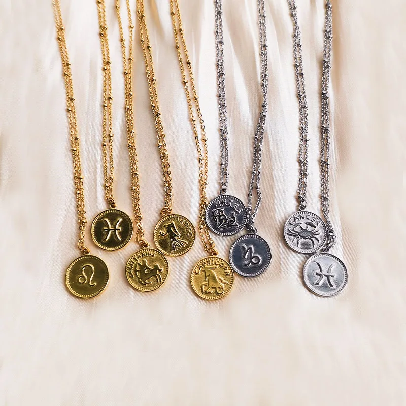 Fashion delicacy stainless steel Round zodiacn pendant necklace gold plated 18k charms waterproof women necklace jewelry