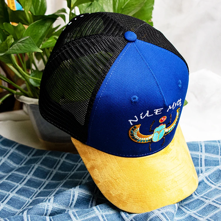 hengxing new design 100% cotton two tone embroidery grey 5 panel baseball mesh cap with custom logo