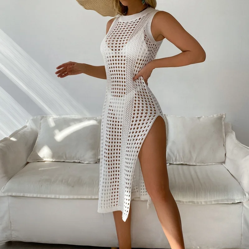 2025 Beach Bikini Cover up Crochet Knit Mesh Cover up Swimsuit Beach Cover up Dress Women Knitted Woman Beach Wear