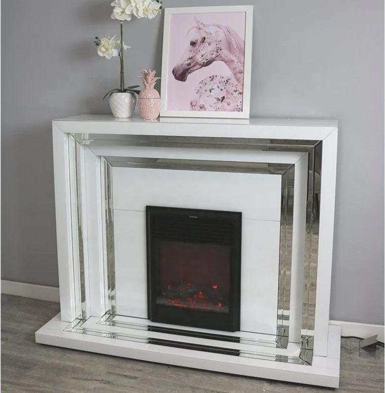 High end  Mirrored black/white fireplace mirrored console table with led electric fireplace with heater for living room