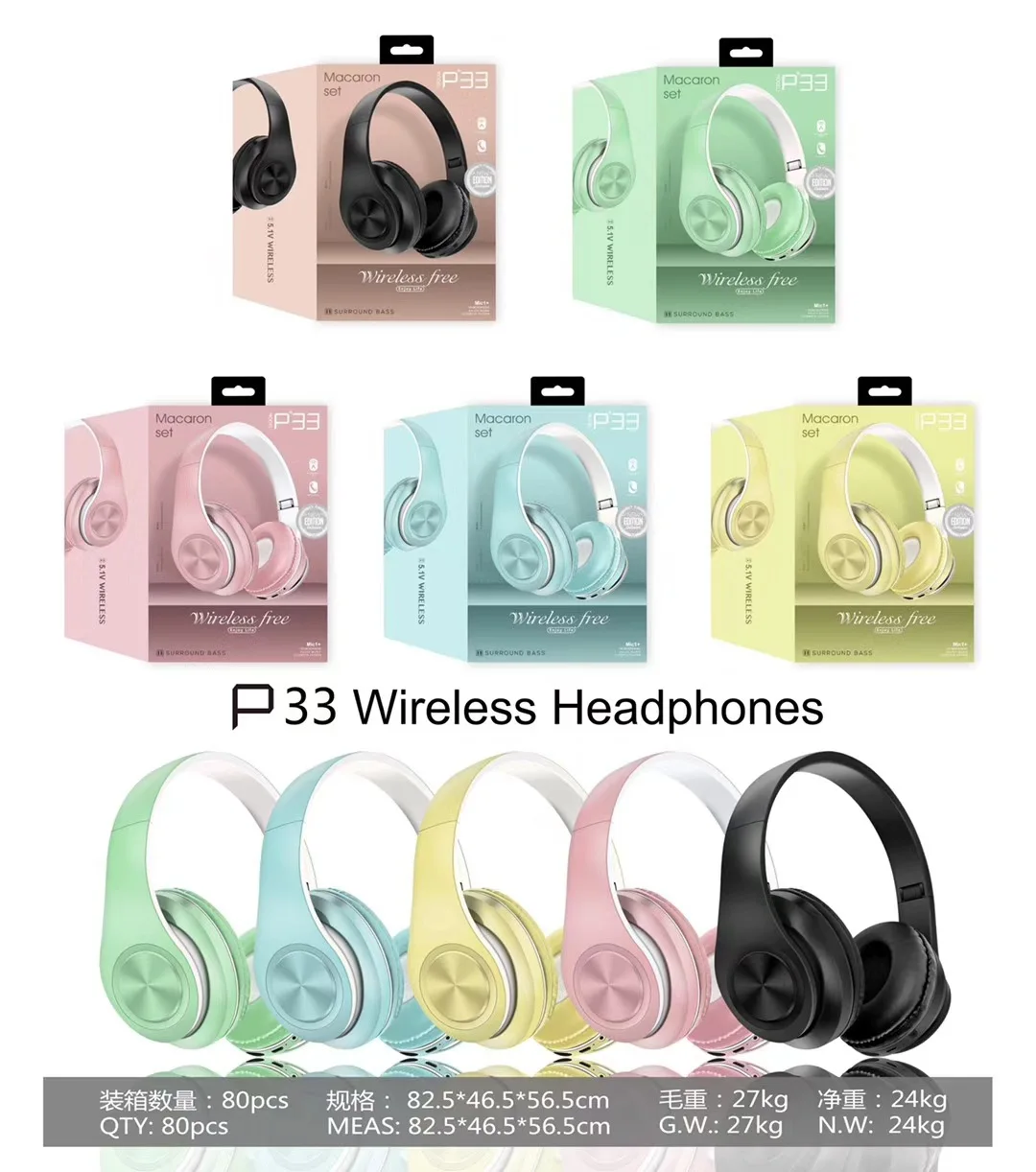 P33 Macaron Set Color Mobile Phone Custom Handfree Headset Earbuds Waterproof Wireless Free Headphones