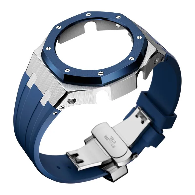 luxury stainless steel case rubber silicone watch band strap for casio GA2100