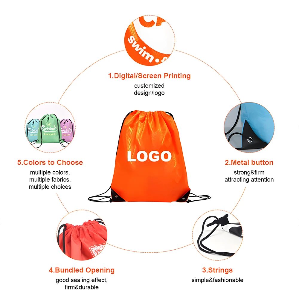 Small Sports Drawstring Backpacks Promo Items Gifts 210D Nylon RPET Material Sport Gym Sack Waterproof Traveling Storage Bags