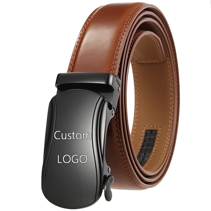 Custom Logo men belt leather luxury comfortable For Men Black Zinc Alloy  Ratchet Buckle Belt