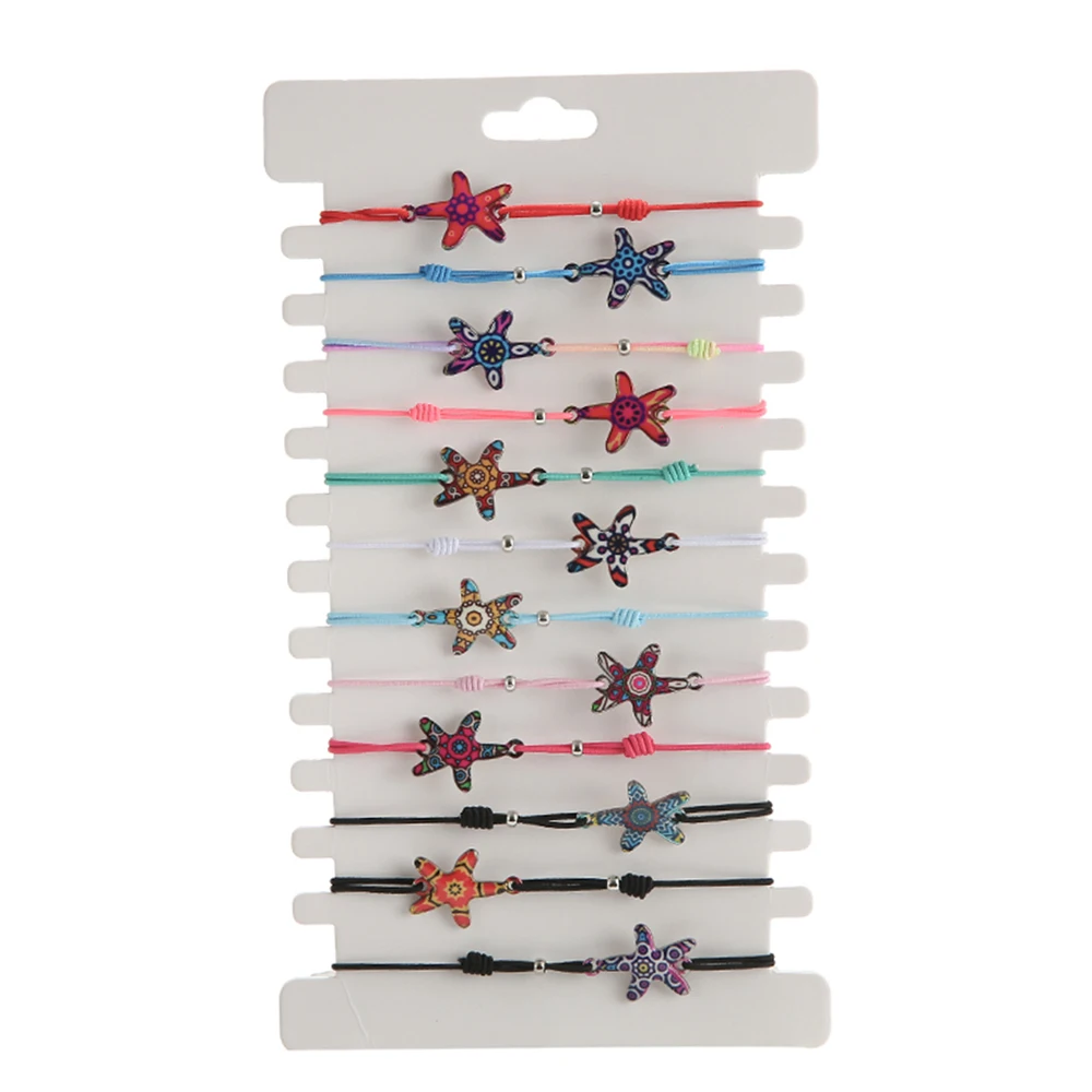 Hot Sales Bohemian Colorful Alloy Enamel Lovely Sea Star Bracelets Set Boho Colorful Elastic Woven Rope Bracelet Set braided bracelets