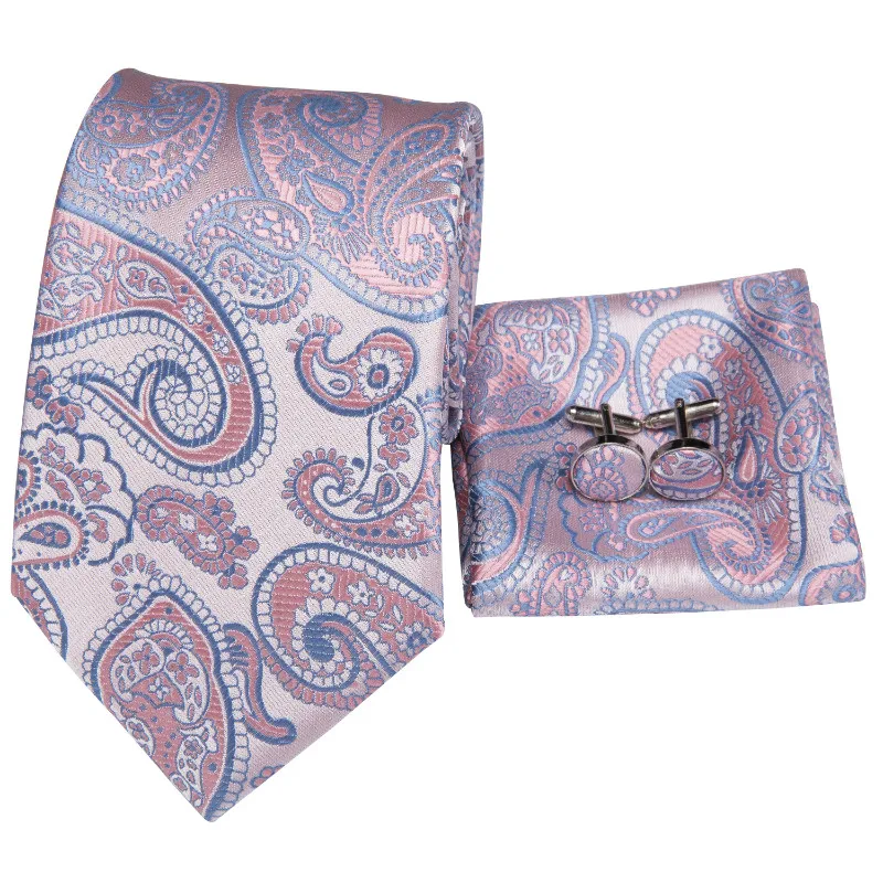 LELE Luxury Pink Blue Paisley Mens Neck Tie Italian Silk Tie Hanky Cufflinks Set