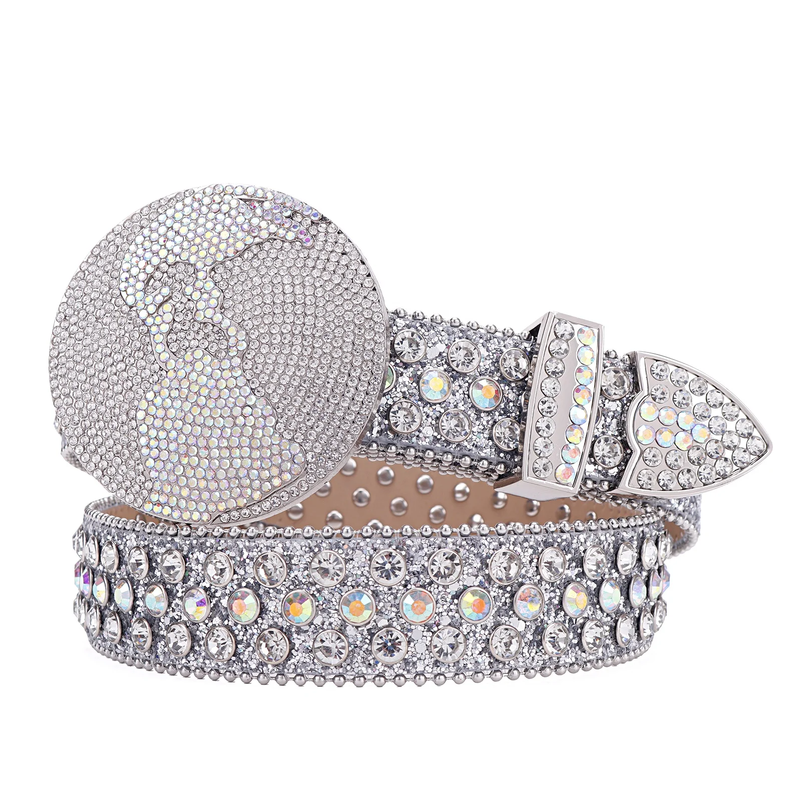 Customized Buckle Logo Sparkling Big Round World Buckle Diamond Belt For Men Bling Bling Designer Rhinestone Belt Strap For Jean