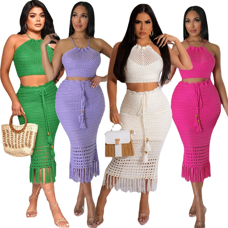 2024 summer women lady beach wear bohemian sexy crochet 2 piece maxi long tassel fringe skirt and halter tank top set clothing