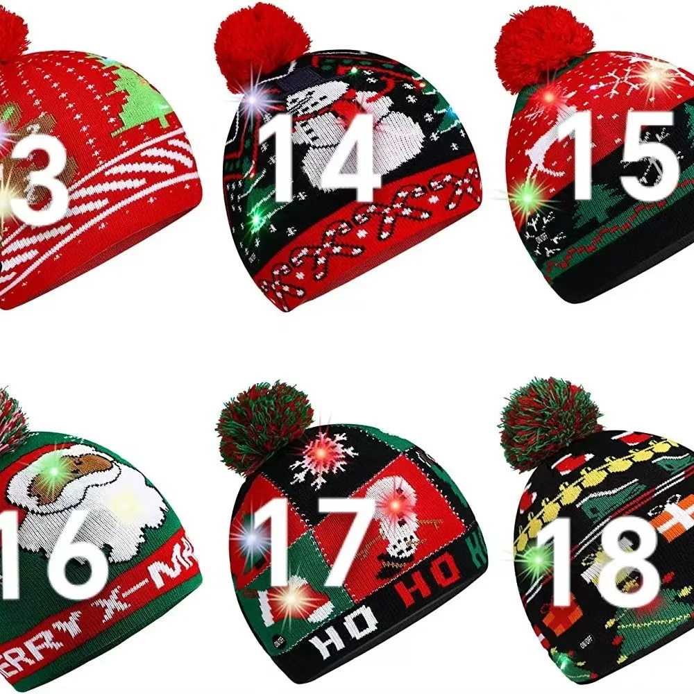 High Quality Winter Custom Christmas Caps Animal With Led Jacquard Beanie Kids Pom Pom Knitted Christmas Beanie Hat