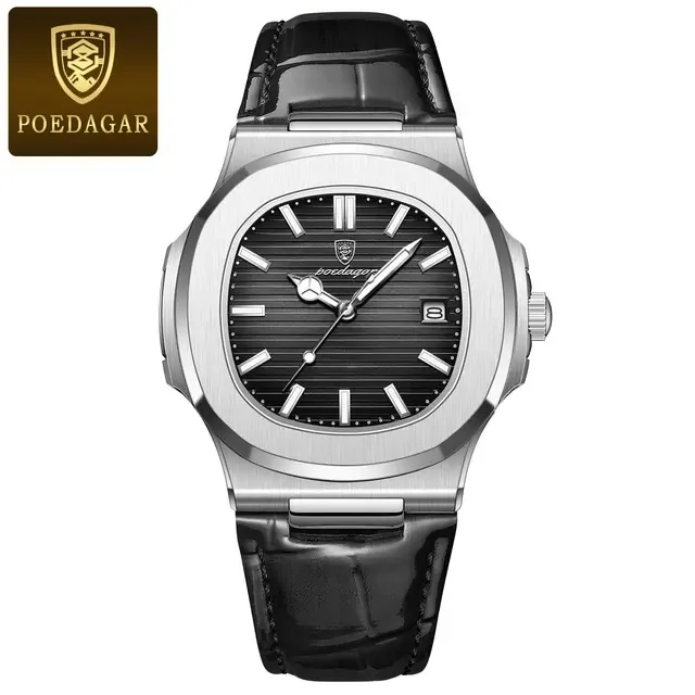 POEDAGAR 613 Leather Strap Mens New Luxury Fashion Watch Luminous Waterproof Quartz Watches with Date