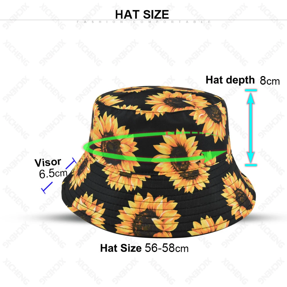 Wholesale unisex new sunflower-printed cotton polyester custom logo reversible bucket hat caps for women men