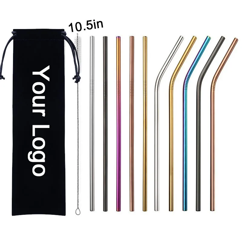 10.5 in Metal Reusable Straws Drinking Set Bag,Stainless Steel Straw With Brush In A Pouch