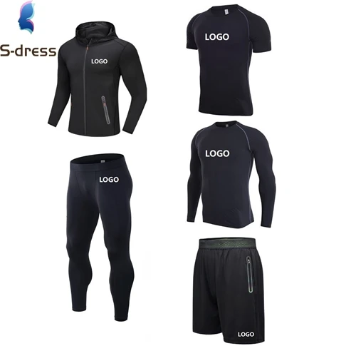 Compression Set Dropshipping Custom Logo Polyester Quick Dry Elastic 5pcs Workout Clothing Fitness Apparel Men GYM Wear