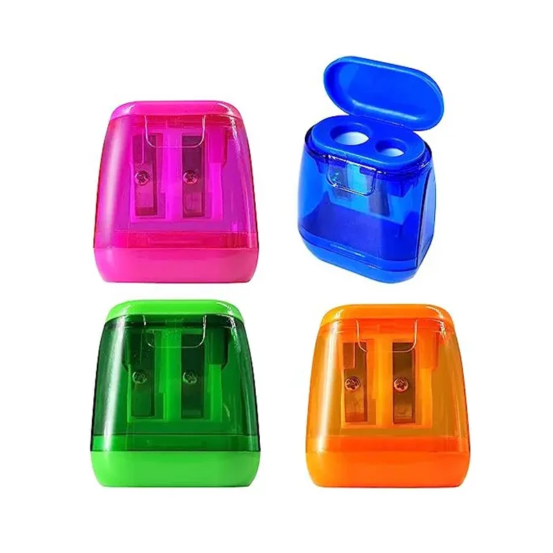 Wholesale 2-Hole 4 Colors Mini School Pencil Sharpener Custom Dual Holes Small Manual Pencil Sharpener with Lid for Kids School