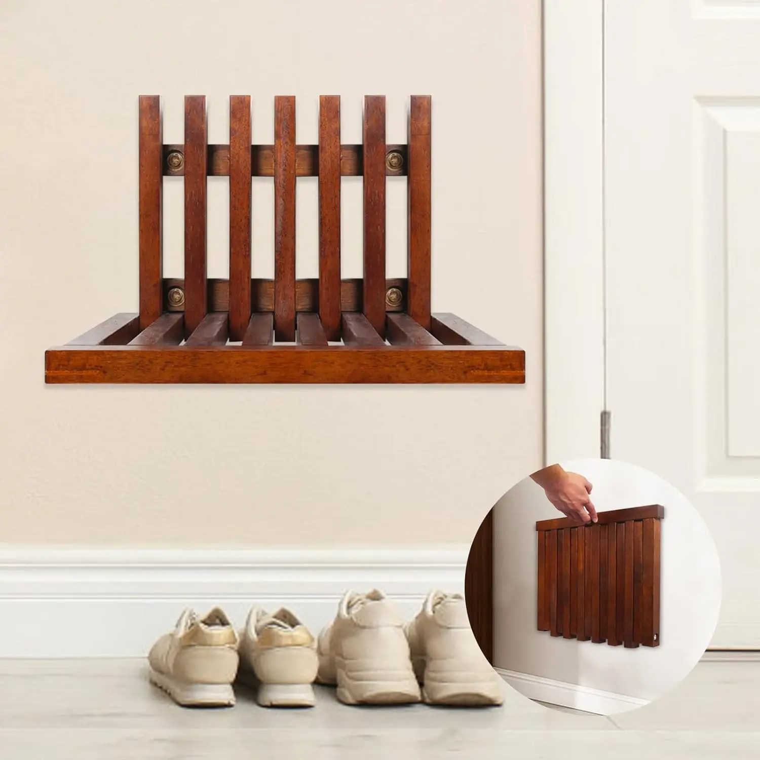 Addreen Customizable colors Bamboo Folding Shower Seat Wall Mounted Door Rear Folding Chair Entrance Bamboo Shoe Changing Stool